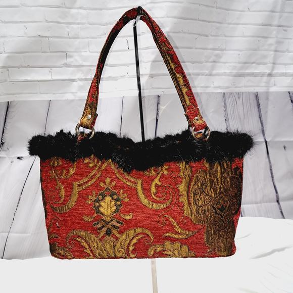 Boho Rich Red Gold Tapestry Hand Bag Rabbit Fur Pompom around top Snap closure - Picture 1 of 13